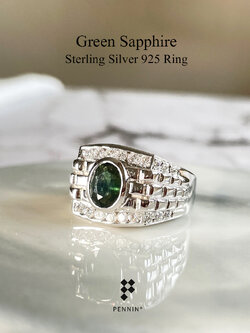 ARNO: แหวนพลอยผู้ชาย มรกตเขียวส่อง เงินแท้ 925 ชุบทองคำขาว แซมเพชรสวิส CZ เข้มแข็ง สง่างาม