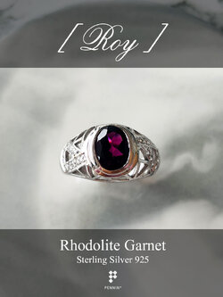 ROY: แหวนพลอยผู้ชาย โรโดไลท์ เงินแท้ 925 ชุบทองคำขาว แซมเพชรสวิส CZ ลวดลายโครงเหล็กรูปสามเหลี่ยม