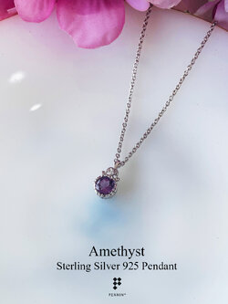 CROWN: จี้Amethyst กลม 6mm รูปมงกุฎเล็กๆ ประดับเพชร CZ พร้อมสร้อยเงินยาว 20 นิ้ว
