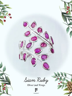 แหวนใบมะกอกทับทิมสยามรูปไข่ ช่อ 9 ใบ ฝังหุ้ม เงินแท้ 925 ชุบทองขาว นำโชคลาภ ความสุข และความสำเร็จ