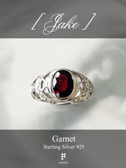 JAKE: แหวนพลอยผู้ชาย โกเมน เงินแท้ 925 ชุบทองคำขาว แซมเพชรสวิส CZ ลวดลายโครงเหล็ก รูปตัว Y