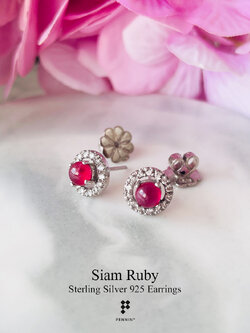 Classy Round Ruby Earrings ต่างหูทับทิมสยามหลังเบี้ยล้อมเพชร แบบคลาสสิค ใส่สวยได้ทุกโอกาส