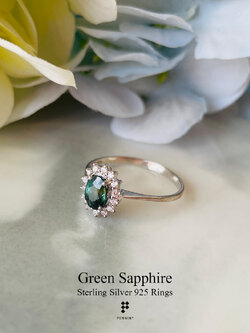 แหวนเขียวส่อง หรือ มรกตจันท์ บางกะจะ จันทบุรี เงินแท้ชุบทองขาว ล้อมเพชรสวิส สวยคลาสสิค