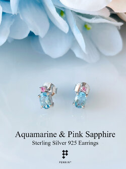 ต่างหู อควอมารีน (Aquamarine) แซมทับทิมสีชมพู เงินชุบทองคำขาว โทนสีพาสเทล ฟ้าชมพู อ่อนหวาน สงบ สบายตา ทองคำขาว