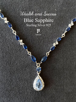 สร้อยคอมาคีไพลินจันท์ ห้อยจี้หยดน้ำไพลินซีลอน ล้อมเพชร ปรับขนาดได้ ยาว 20"-22"