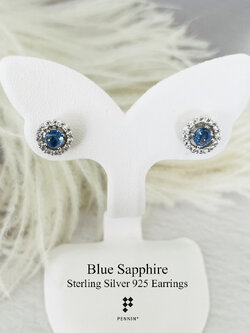 E22820 ต่างหูไพลิน หลังเบี้ย กลม 4mm ล้อมเพชร CZ ถอดได้ แบบเสียบ เงินชุบทองคำขาว