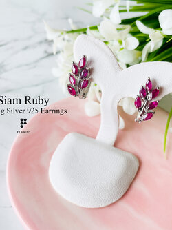 ต่างหูใบมะกอก พลอยทับทิม จันทบุรี เผาเก่า (Siam Ruby) สีแดงอมชมพู สวยหวาน แบบคลิปหางกระรอก