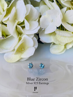 ต่างหู พลอยเพทายฟ้าแท้ เงินแท้ 925 ชุบทองคำขาว แบบติดหู ใส่ได้ทุกโอกาส