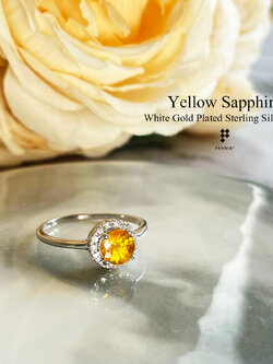 แหวนบุษราคัม บางกะจะ จันทบุรี กลม 6mm ล้อมเพชรสวิส CZ แบบมินิมอล สวย น่ารัก เงินแท้ชุบทองขาว