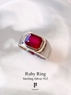 แหวนทับทิม เผาใหม่ แอฟริกา สี่เหลี่ยม ฝังหุ้มเล่นสเต็บ เงินแท้ 925 ชุบทองคำขาว แบบผู้ชาย เรียบเท่