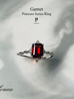 MONICA: แหวนโกเมน (Garnet) ดีไซน์แนววินเทจ เจ้าหญิง เงินแท้ชุบทองคำขาว