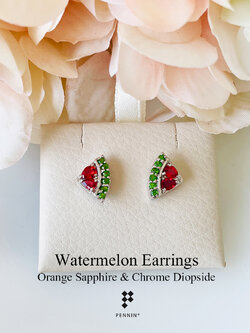 ต่างหูแตงโม พลอยแซฟไฟร์ส้มแสด โครมไดออฟไซด์ เงินแท้ 925 ชุบทองคำขาว