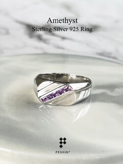 KARL: แหวนพลอยผู้ชาย อเมทิสต์ เงินแท้ 925 ชุบทองคำขาว หน้าสี่เหลี่ยมพลอยเฉียง ให้ลุคเท่ ทันสมัย