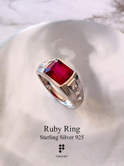 แหวนทับทิม เผาใหม่ แอฟริกา จตุรัส แซมเพชร CZ Top 6A เงินแท้ 925 ชุบทองคำขาว แบบเรียบเท่