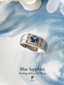 VICTOR: แหวนปลอกมีดไพลิน เผาเก่า 4mm บ่าข้างเล่นลายตัววี เงินแท้ 925 ชุบทองคำขาว