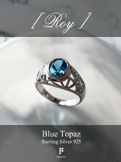 ROY: แหวนพลอยผู้ชาย บลูโทแพซ เงินแท้ 925 ชุบทองคำขาว แซมเพชรสวิส CZ ลวดลายโครงเหล็กรูปสามเหลี่ยม