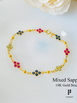 สร้อยข้อมือทองแท้ 18K ทับทิม เขียวส่อง ไพลิน ฝังหุ้มลายดอกไม้ คั่นทองกลม ยาว 18 cm (ปรับขนาดได้)