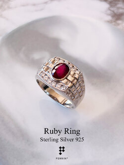 ARNO: แหวนพลอยผู้ชาย ทับทิม แอฟริกา เผาใหม่ เงินแท้ 925 ชุบทองคำขาว แซมเพชรสวิส CZ เข้มแข็ง สง่างาม