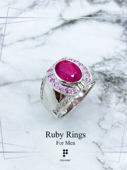 แหวนทับทิมสำหรับผู้ชาย ทับทิมแอฟริกา เผาใหม่ ล้อมทับทิมสยาม แซมเพชรสวิส CZ หน้าเกือกม้า เงินแท้ชุบทองคำขาว สวย เท่ เสริมพลังอำนาจ โชคลาภ