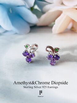 ต่างหูพวงองุ่น อเมทิสต์ ใบกรีนโครมไดออฟไซด์ เงินชุบทองคำขาว แบบสวยน่ารัก