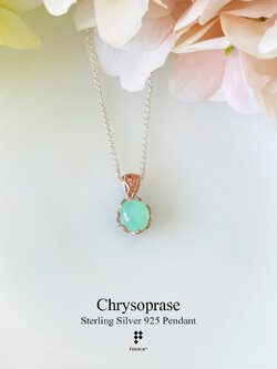 จี้คริสโซเพรส (Chrysoprase) กลมหลังเบี้ย 8.3mm ลายฉลุหัวใจ ชุบ Pink Gold สวยหวานน่ารัก