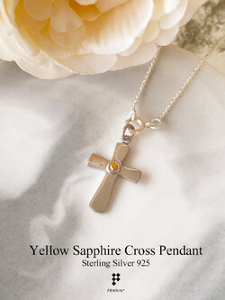 จี้กางเขนเรียบฝังหุ้มบุษราคัม 2.5mm เม็ดเดียว