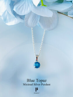 จี้บลูโทแพซ (Blue Topaz) กลม 6mm หนามเตย เม็ดเดี่ยว สีฟ้าสว่างสดใส พร้อมสร้อยเงิน 16 นิ้ว