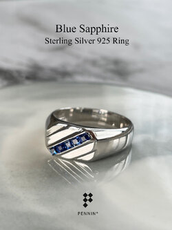 KARL: แหวนพลอยผู้ชาย ไพลิน เงินแท้ 925 ชุบทองคำขาว หน้าสี่เหลี่ยมพลอยเฉียง ให้ลุคเท่ ทันสมัย