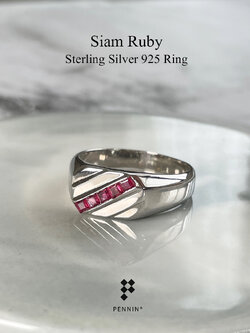 KARL: แหวนพลอยผู้ชาย ทับทิม เงินแท้ 925 ชุบทองคำขาว หน้าสี่เหลี่ยมพลอยเฉียง ให้ลุคเท่ ทันสมัย