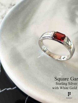Rectangle Ring: แหวนโกเมน (Garnet) สี่เหลี่ยม 7x5mm เงินแท้ชุบทองคำขาว เรียบ เท่ มีสไตล์