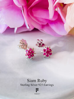 ต่างหูดอกพิกุลทับทิมสยามแซมใบเงิน Flower Ruby Earrings เงินแท้ 925 ชุบทองคำขาว