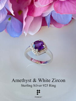 KEIRA: แหวนอเมทิสต์ สีม่วงหวาน ล้อมเพทายขาว เงินแท้ 925 ชุบทองคำขาว