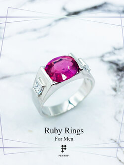 แหวนทับทิมสำหรับผู้ชาย ทับทิมแอฟริกา เผาใหม่ รูปไข่แนวนอน บ่าข้างแซมเพชรสวิส CZ เงินแท้ชุบทองคำขาว สวย เท่ เสริมพลังอำนาจ โชคลาภ