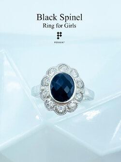 แหวนนิล (Black Spinel Ring) ล้อมเพชรสวิส CZ รูปดอกไม้ นิล 8x6mm เจียระไนตาข่าย สวย ดึงดูดโชคลาภ