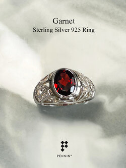 ROY: แหวนพลอยผู้ชาย โกเมน เงินแท้ 925 ชุบทองคำขาว แซมเพชรสวิส CZ ลวดลายโครงเหล็กรูปสามเหลี่ยม