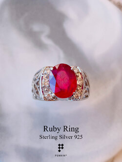 AXION: แหวนพลอยผู้ชาย ทับทิม แอฟริกา เผาใหม่ ประดับเพชรสวิส CZ ก้านฉลุลายใบไม้ สวยสง่างาม