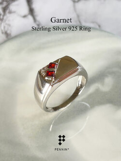 EVAN: แหวนพลอยผู้ชาย โกเมน สี่เหลี่ยม เงินแท้ 925 ชุบทองคำขาว ให้ลุคเท่ ทันสมัย