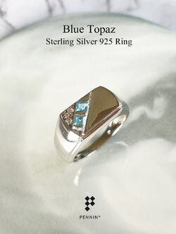 EVAN: แหวนพลอยผู้ชายสีฟ้า บลูโทแพซ สี่เหลี่ยม เงินแท้ 925 ชุบทองคำขาว ให้ลุคเท่ ทันสมัย