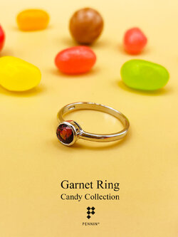 Candy Collection: แหวนโกเมนเม็ดเดี่ยว 5mm ฝังหุ้ม เงินแท้ 925 ชุบทองคำขาว