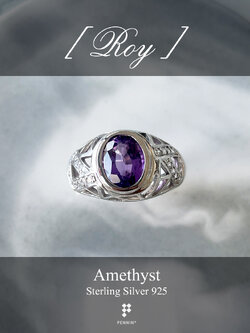 ROY: แหวนพลอยผู้ชาย อเมทิสต์ เงินแท้ 925 ชุบทองคำขาว แซมเพชรสวิส CZ ลวดลายสามเหลี่ยม