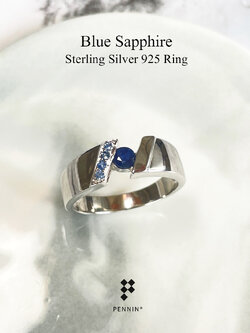 DAMIAN: แหวนพลอยผู้ชาย ไพลิน จันทบุรี เงินแท้ 925 ชุบทองคำขาว ดีไซน์ผ่าเฉียง ให้ลุคเท่ ทันสมัย