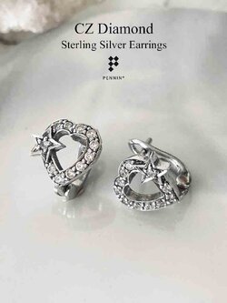 ต่างหูเพชรสวิส CZ แบบคลิปรูปหัวใจซ้อนดาว เงินแท้ 92.5% ชุบทองขาว สวยน่ารัก