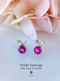 Fruity Earrings: ต่างหูชมพูโทปาซ (Pink Topaz) แซมเพอริดอท (Peridot) สวยน่ารัก เงิน925 ชุบทองคำขาว
