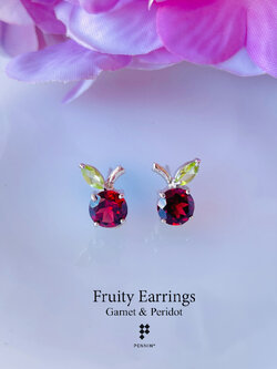Fruity Earrings: ต่างหูโกเมน (Garnet) แซมเพอริดอท (Peridot) สวยน่ารัก เงินแท้ 925 ชุบทองคำขาว