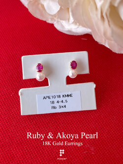 ต่างหูทองคำแท้ 18K ทับทิม ไข่มุกญี่ปุ่นอาโกย่า สวยน่ารักแบบมินิมอล