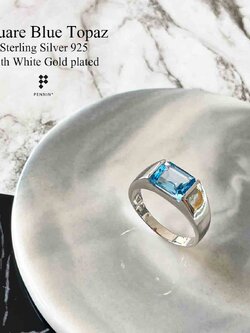 Rectangle Ring: แหวนบลู โทปาซ (Blue Topaz) สี่เหลี่ยม 9x7mm เงินแท้ชุบทองคำขาว เรียบ เท่ มีสไตล์