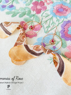 ต่างหูกุหลาบ Memories of Rose เงินแท้ 925 ชุบโรสโกลด์ ประดับพลอยทับทิมสยาม และผ้าบาติก สีน้ำตาล ดินเหมืองพลอย