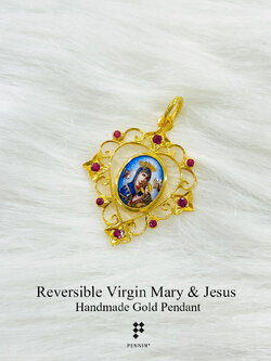 จี้แม่พระเลี่ยมกรอบทองกระเบื้องเคลือบอิตาลี แซมทับทิม รูปแม่พระและพระเยซู งานขึ้นมือทอง 90