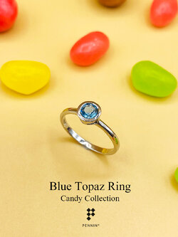 Candy Collection: แหวนบลูโทแพซ (Blue Topaz) เม็ดเดี่ยว 5mm ฝังหุ้ม เงินแท้ 925 ชุบทองคำขาว