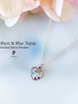 จี้พลอยบลูโทแพซ (Blue Topaz) อเมทิสต์ (Amethyst) รูปหัวใจ หวานน่ารัก มินิมอล พร้อมสร้อยเงิน 16 นิ้ว